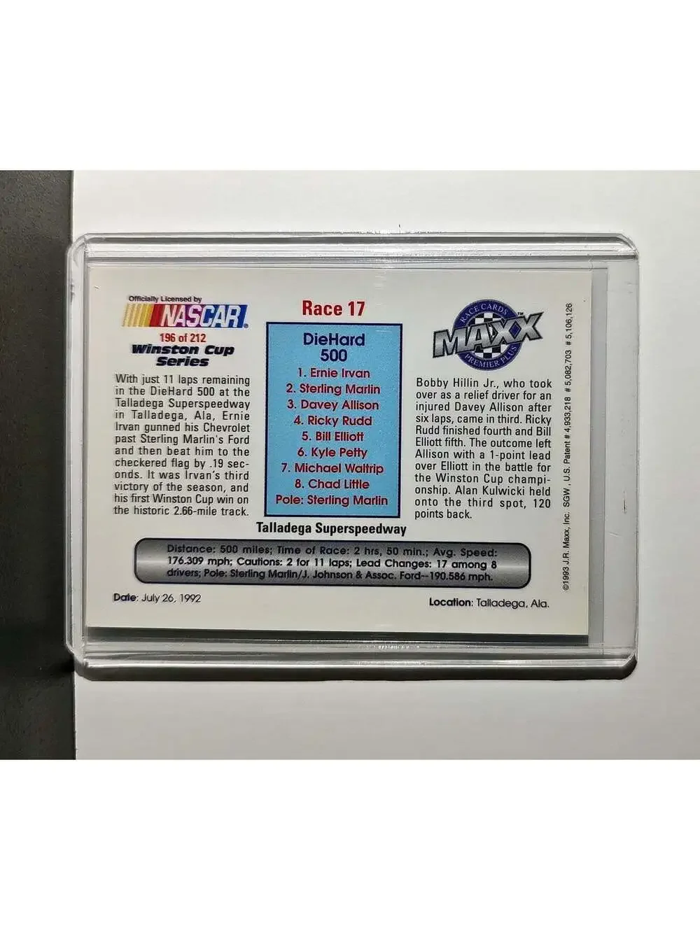 Race 17 Talladega YR 1993 Maxx Premier Plus Racing #196 NASCAR Card
